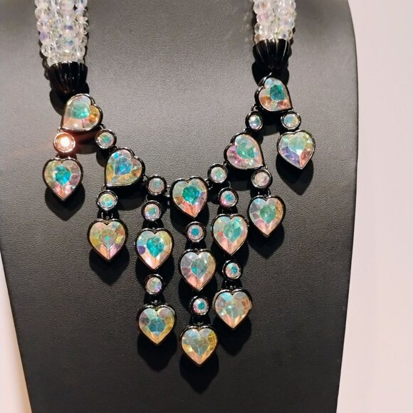 Vtg Yves Saint Laurent YSL Crystal Aurora Borealis Heart Necklace Collar Bib - Picture 3 of 15